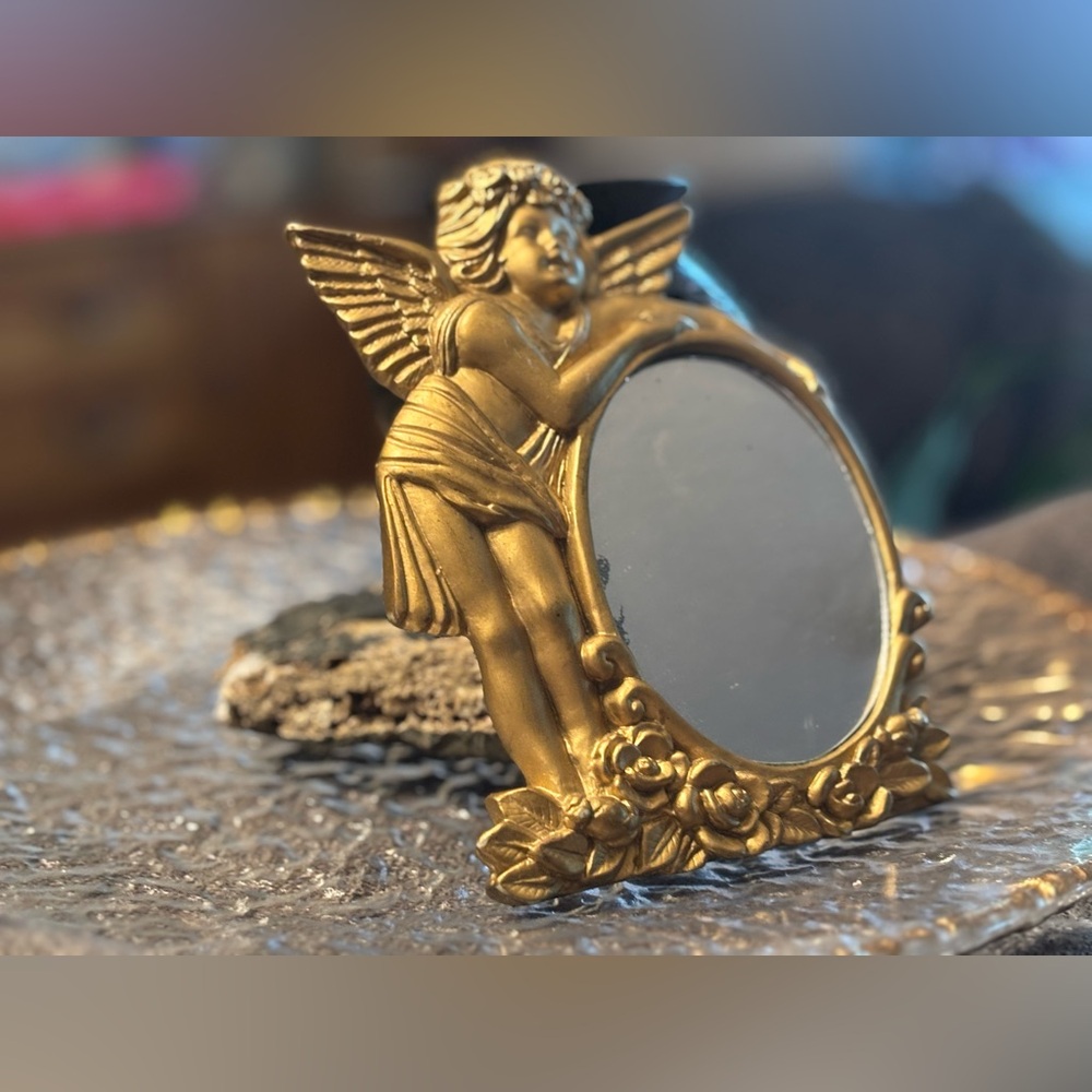 Vintage Gold Cherub Mirror w/ Roses • Romantic Angel Vanity Décor • Collectible - Picture 10 of 14